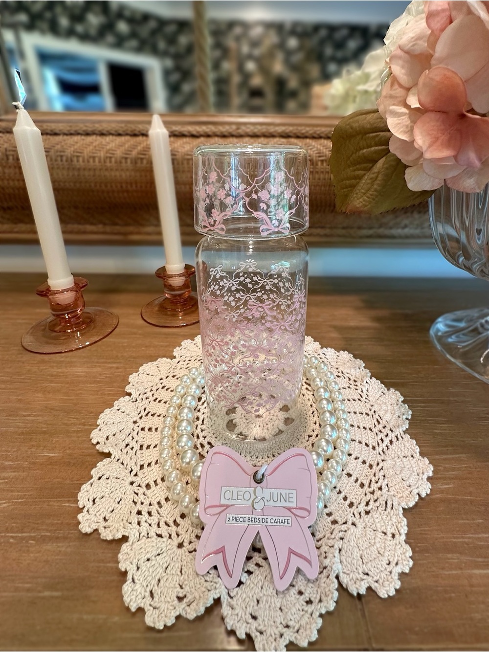 2-Piece Pink Floral Bedside Carafe Cleo & June Coquette Girly Viral Aesthetic